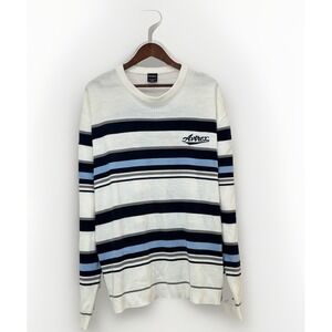 Vintage 90s Avirex Round Neck Sweater White Blue Grey Striped Size XL